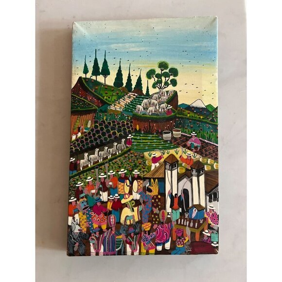 Vintage Alberto Vega Peruvian Folk Art Animal Hide Painting Bright Mid Century - Picture 1 of 11